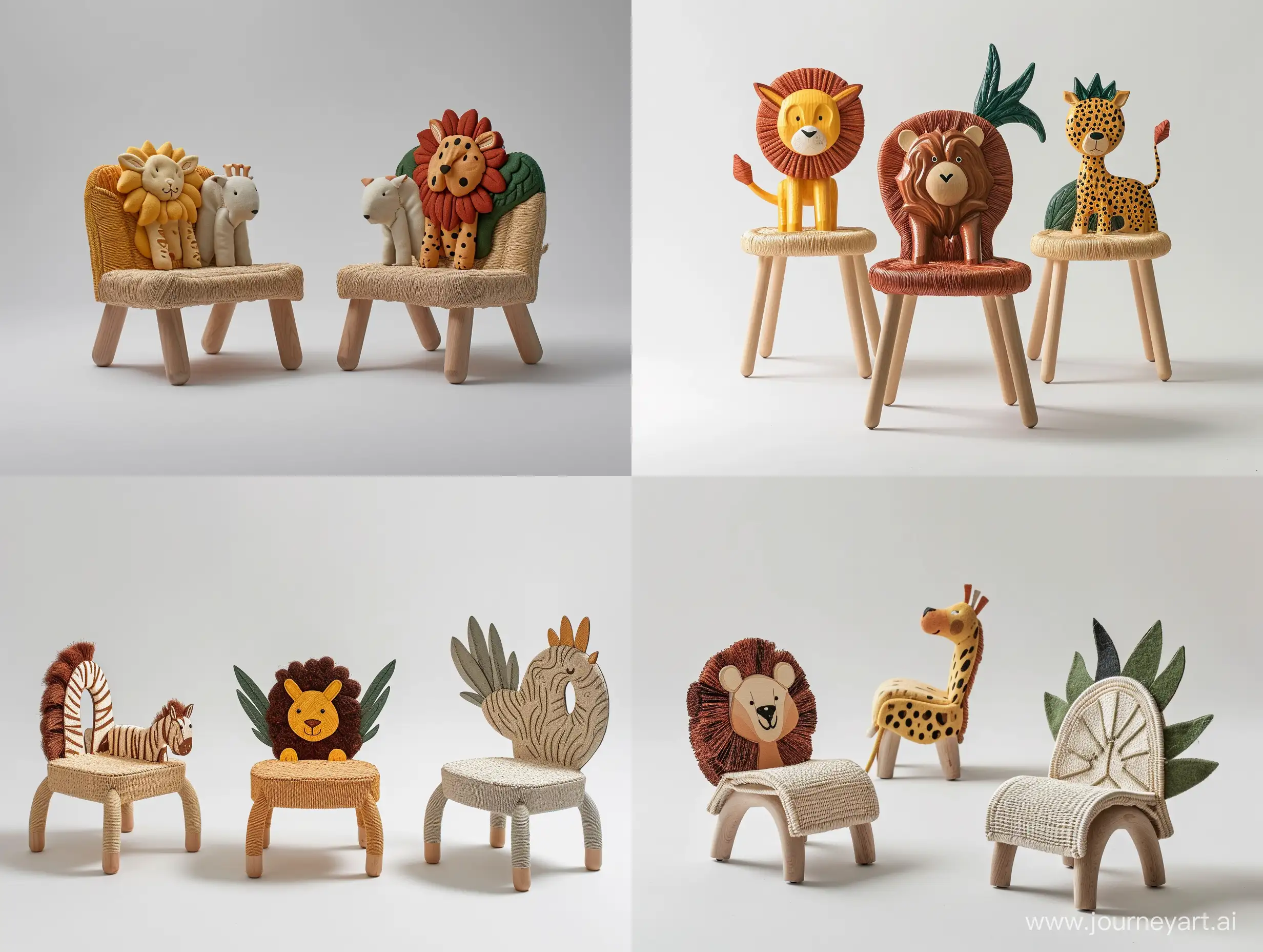 imagine an image of a minimal sturdy children’s  chair inspired by Children's drawing of cute safari animals like cute lion or zebra or griffin or cheetah or hippocampus , with backrests shaped like different creatures. Use recycled wood for the frame and woven plant fibers for seating areas, depicted in colors representative of the chosen animals. The seat should stand approximately 30cm tall, built to educate about wildlife and ensure durability.unreal ,realistic style