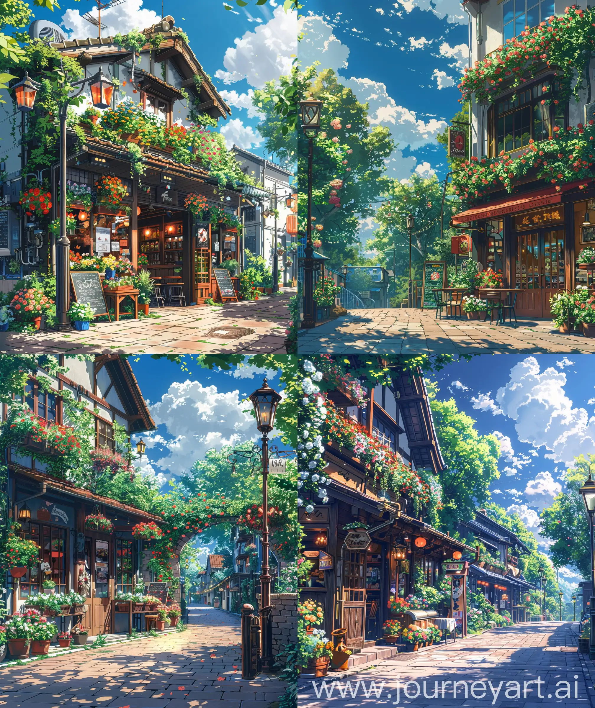 Beautiful anime scenery, mokoto shinkai and ghibli mix , direct front fecade view of  restaurant , flowers and eco decoration,  pavement, lamp post, sunny day, flowers decorate place, beautiful sky, ultra HD, High quality , sharp detail, anime scenery, illustration, no hyperrealistic --ar 27:32  --s 400