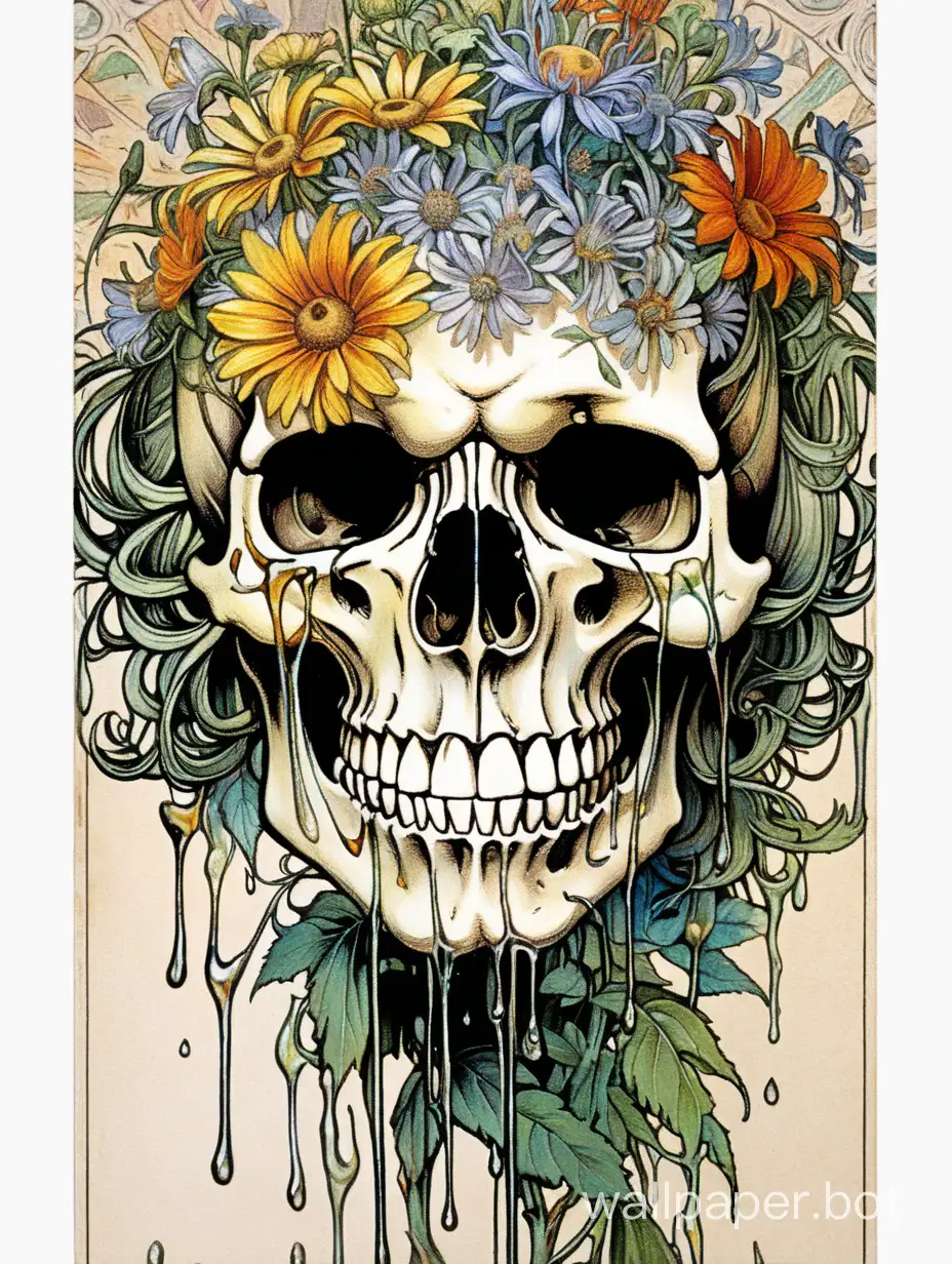 motley, skull face ,   closed eyes, assimetrical, alphonse mucha poster, explosive wild flowers dripping paint, comic book, high textured paper, hiperdetailed lineart , black water , hypercolored, sticker art