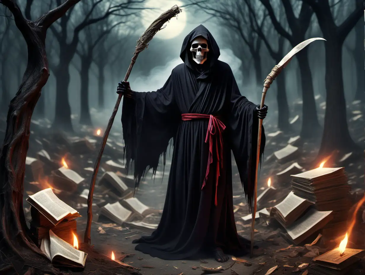 In an unexpected twist of fate, a cheerful Grim Reaper stands amidst an area marred by poverty. Clad in dark robes adorned with surprisingly vibrant accents, the Grim Reaper wears an uncharacteristic smile as they wield a quill, diligently writing on scrolls. 

Surrounded by the echoes of hardship, the scrolls take form with ethereal words, capturing the resilience and hope of souls rising from the challenges of the impoverished realm. The Grim Reaper's demeanor is far from ominous; rather, it exudes a sense of compassion and understanding, as they work to document tales of triumph amidst adversity. In this unusual scene, the Grim Reaper becomes a symbol not of foreboding doom, but rather a custodian of resilience, weaving scrolls that tell the uplifting stories of souls who have conquered their struggles.