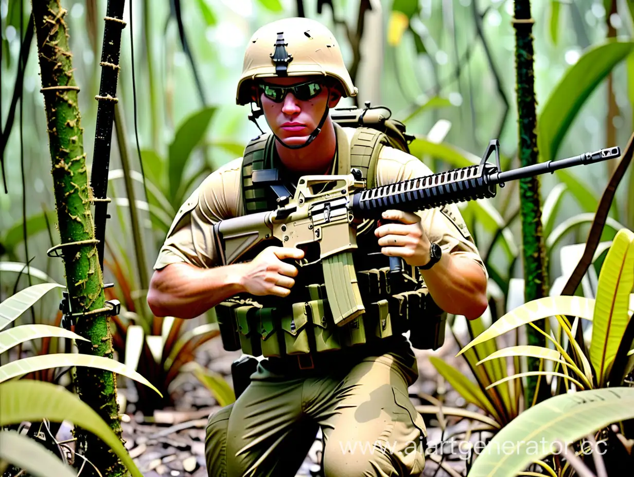 American marine in a jungle with an M-16 automatic rifle