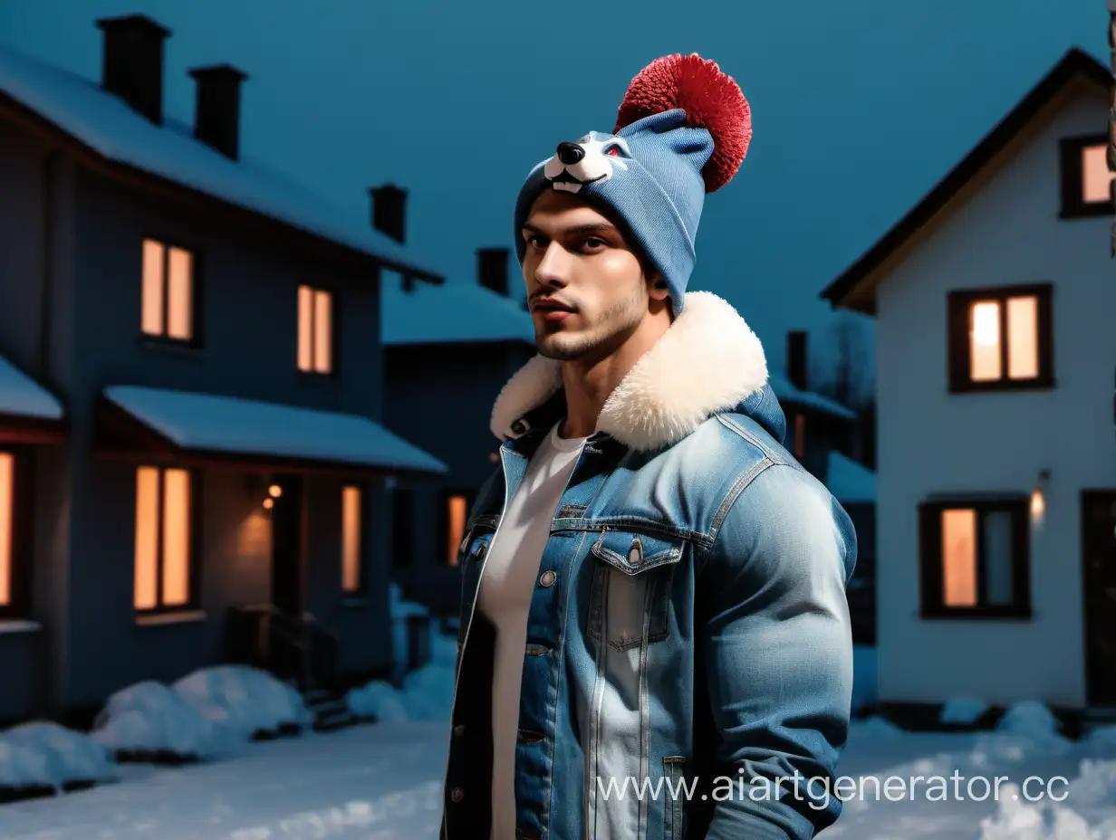 Strong-Man-in-Denim-Jacket-and-Pompom-Hat-Confronts-Evening-Wolf