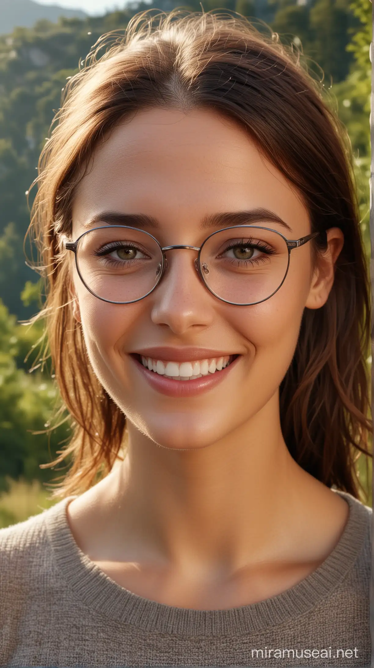 Foto einer jungen Frau mit Brille, Natur im Hintergrund, freundliches, natürliches Lächeln, fotorealitisch, perfekte Beleuchtung, 4k, realistische Strukturen