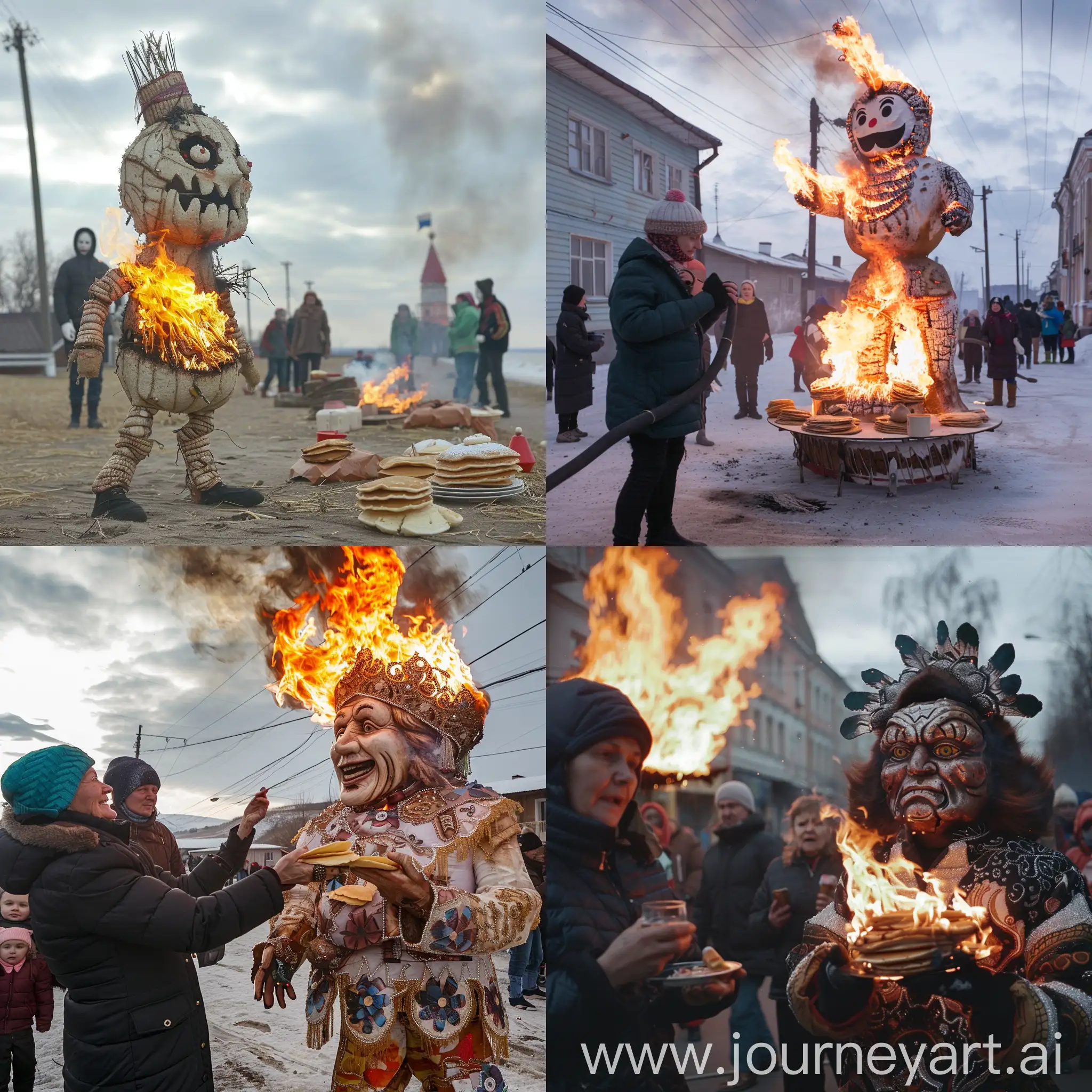 Russian Maslenitsa (((people burn an effigy 1.3: eating pancakes, holiday atmosphere (Rus) realistic photos 