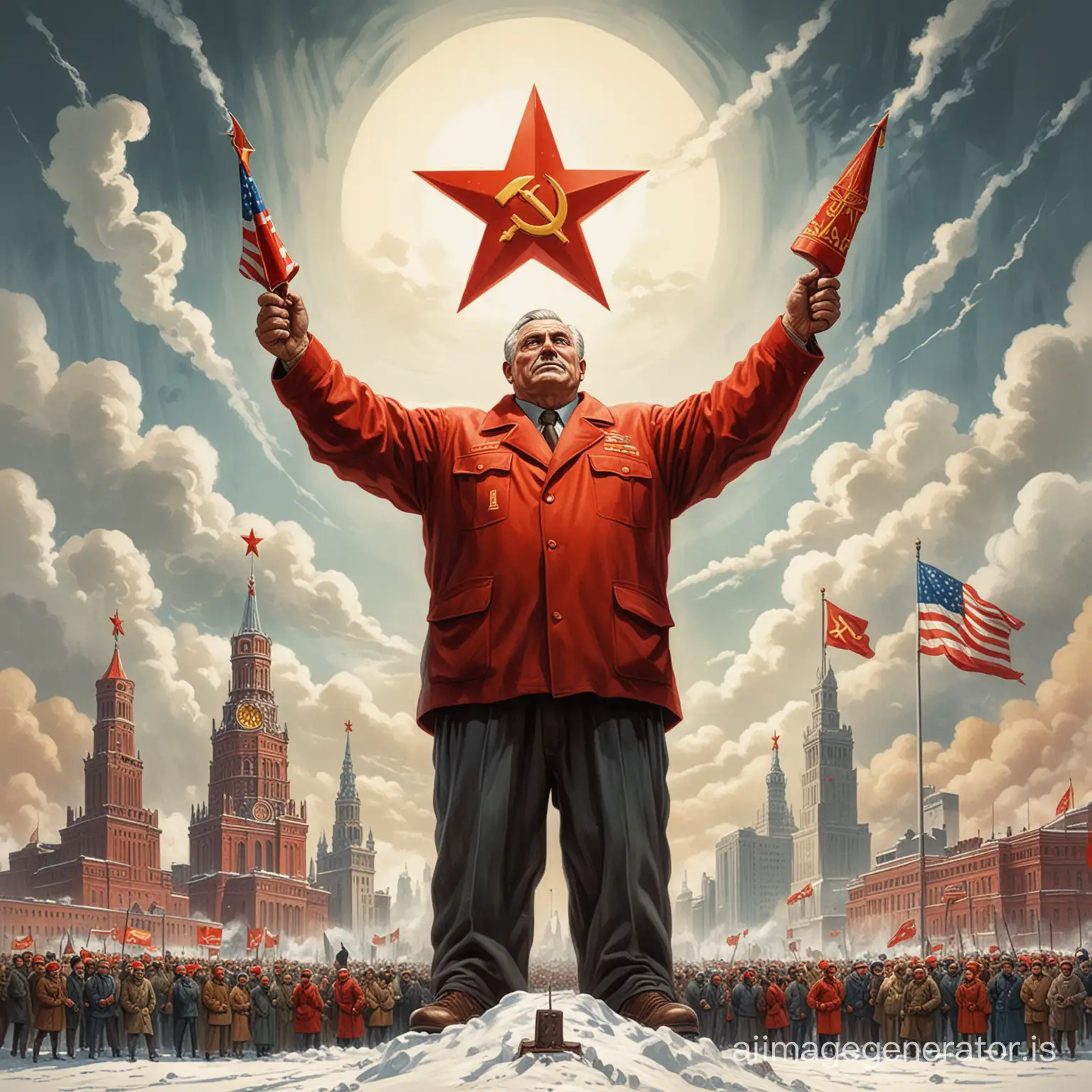 Create a caricature where the USSR is depicted as a giant symbol of Soviet power towering over the world during the Cold War, and the USA - as a small symbol of capitalism, looking in astonishment at the greatness of the Soviet Union.
