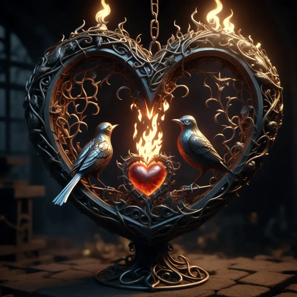 Metallic Bird Carrying Heart Emerges from Fiery Furnace