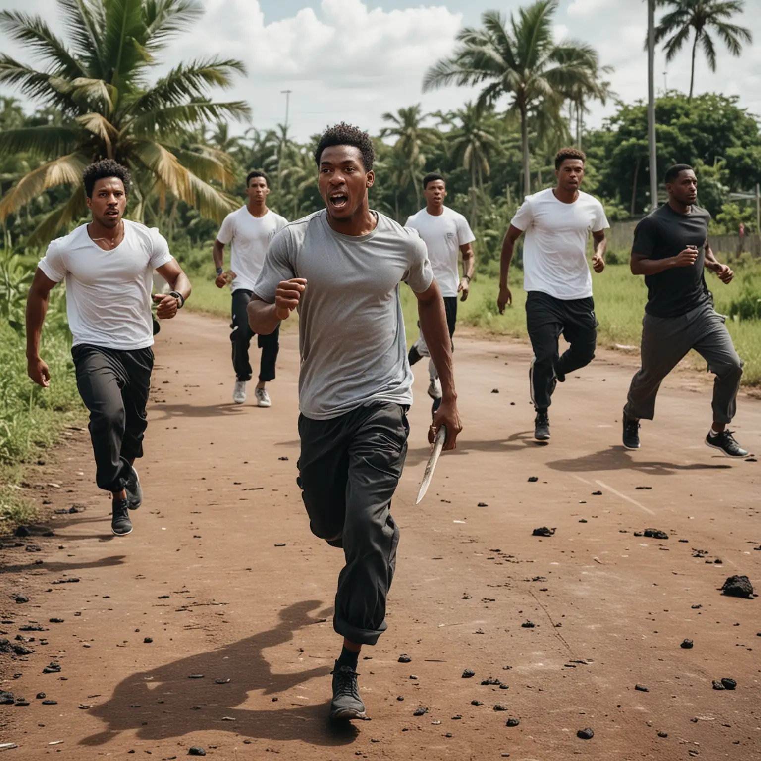 Dans un environnement de terrain de foot goudronné tropicale. 
6 hommes en jogging, t-shirt avec des machettes à la main courses une autre personne 
