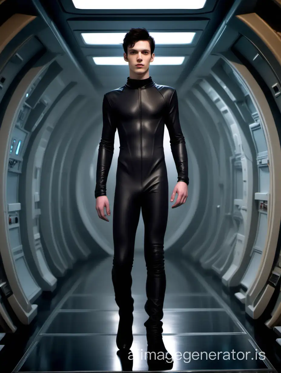 A 19 years old white male. He is skinny. He has dark hair and a pretty face. He wears a matte black and skin-tight jumpsuit without any closure. The surface of the matte black fabric is absolutely flat, making him look like naked. The fabric is absolutely skin-tight, you can also see the bulge of his private area under the material; because he has a very large package. The young male also wears ankle-high boots. He stands in a high and dark Science Fiction spaceship hallway.