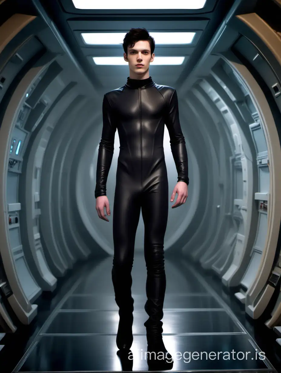 A 19 years old white male. He is skinny. He has dark hair and a pretty face. He wears a matte black and skin-tight jumpsuit without any closure. The surface of the matte black  fabric is absolutely flat, making him look like naked. The fabric is absolutely skin-tight, you can also see the bulge of his private area under the material; because he has a very large package. The young male also wears ankle-high boots. He stands in a high and dark Science Fiction spaceship hallway.