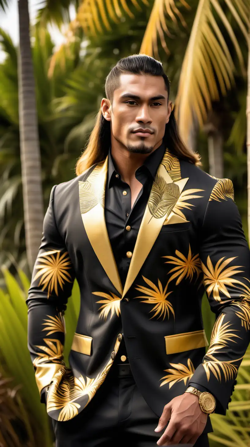 A muscular handsome Polynesian male model with long hair that is up in a bun standing near palm trees wearing a black and gold Polynesian tropical design suit.