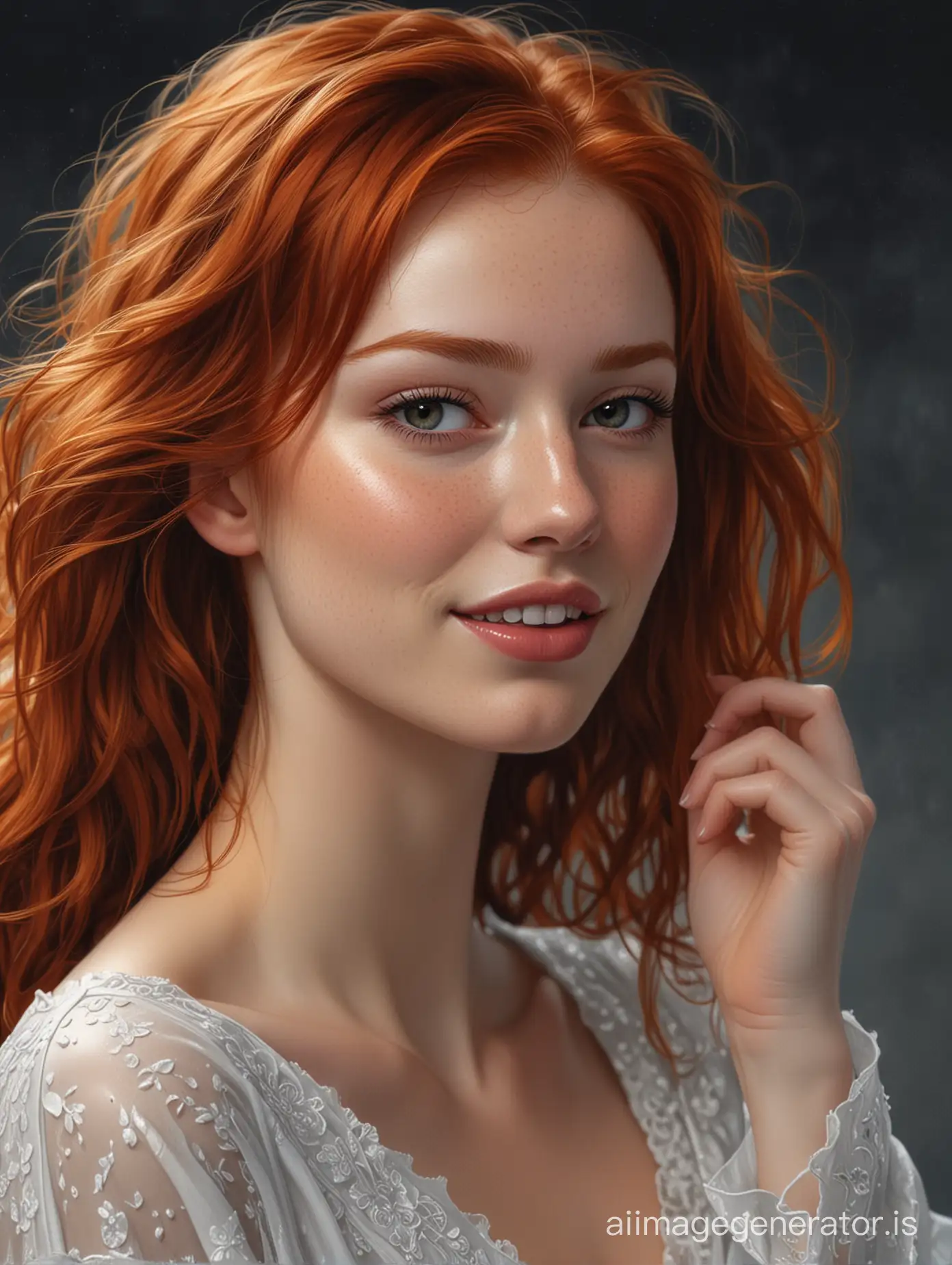 breathtaking  (close up), (detailed redhead:1.3), freckles, 22 yo, prettiest, bright eyes, soft pale skin, (from side), wet red lipsticks, Russian, looking up, (one hand on hair:1.4), dental braces, happy smile, (looking at viewer), (intricately detailed soft night gown:1.2),, photorealistic oil painting, by charlie bowater, fine details, by wlop, trending on artstation,