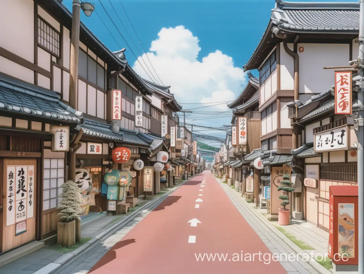 gibli anime style, sengoku era japan shopping district, symetric road, no human