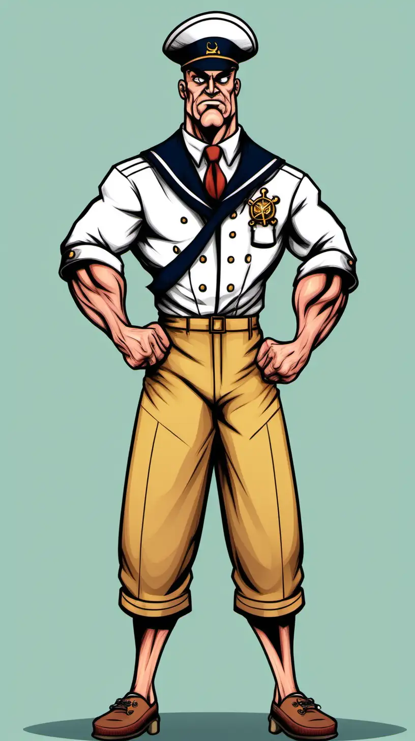 Color Cartoony;  Buff, aggressive 40s sailor  Full body.  Simple background
