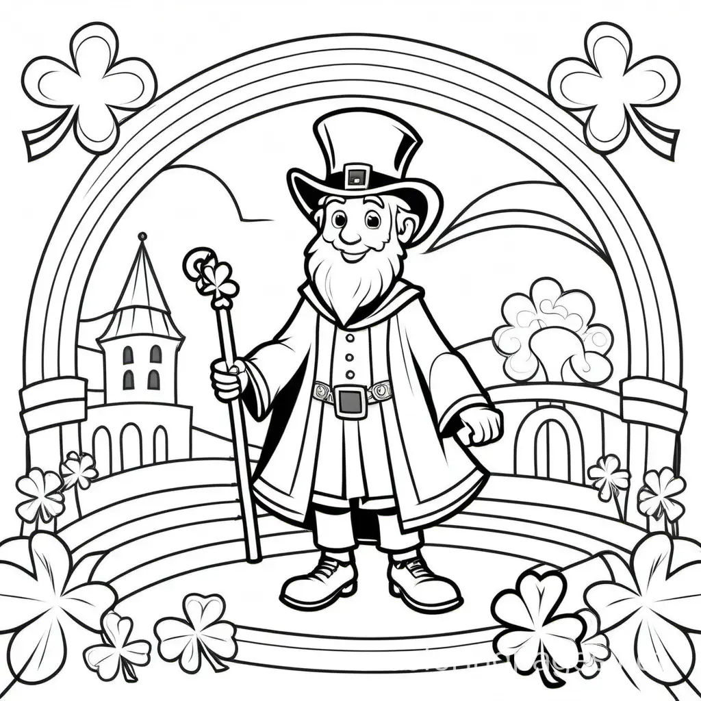 Saint Patrick’s day cartoon, Coloring Page, black and white, line art, white background, Simplicity, Ample White Space. The background of the coloring page is plain white to make it easy for young children to color within the lines. The outlines of all the subjects are easy to distinguish, making it simple for kids to color without too much difficulty
