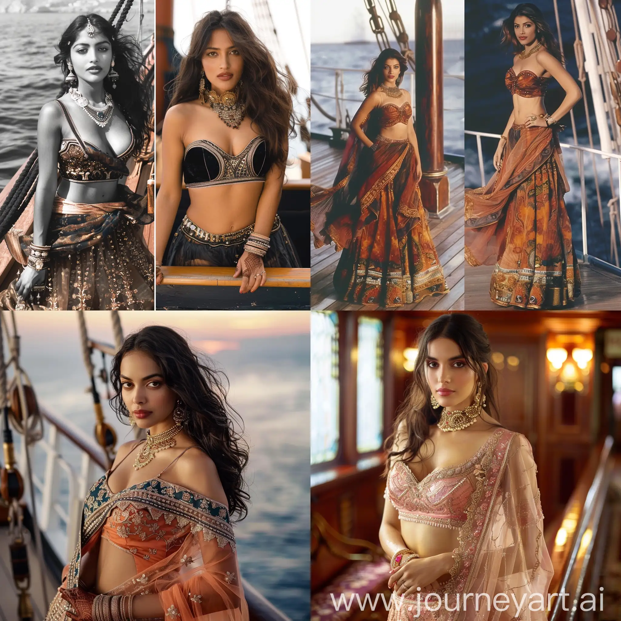 beautiful indian girl, in a bollywood lehenga someone who looks like aishwarya and rani. on titanic with jack dawson