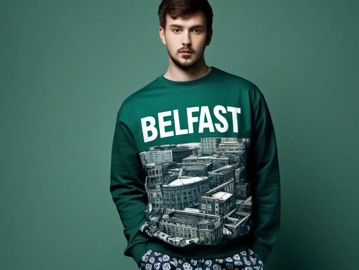 Create me an image of a person wearing some Belfast Print Crafts clothing