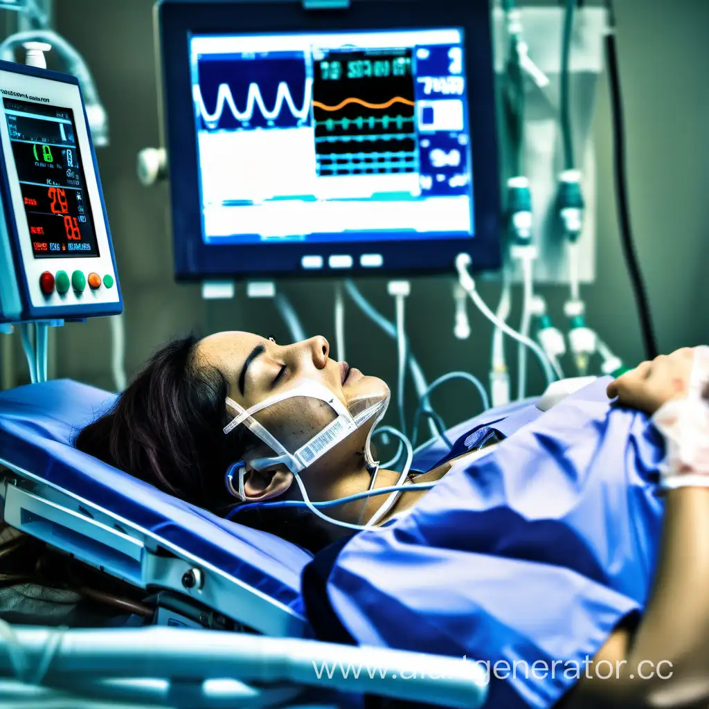 Young-Woman-in-Intensive-Care-Unit-Being-Monitored-with-Oxygen-Mask