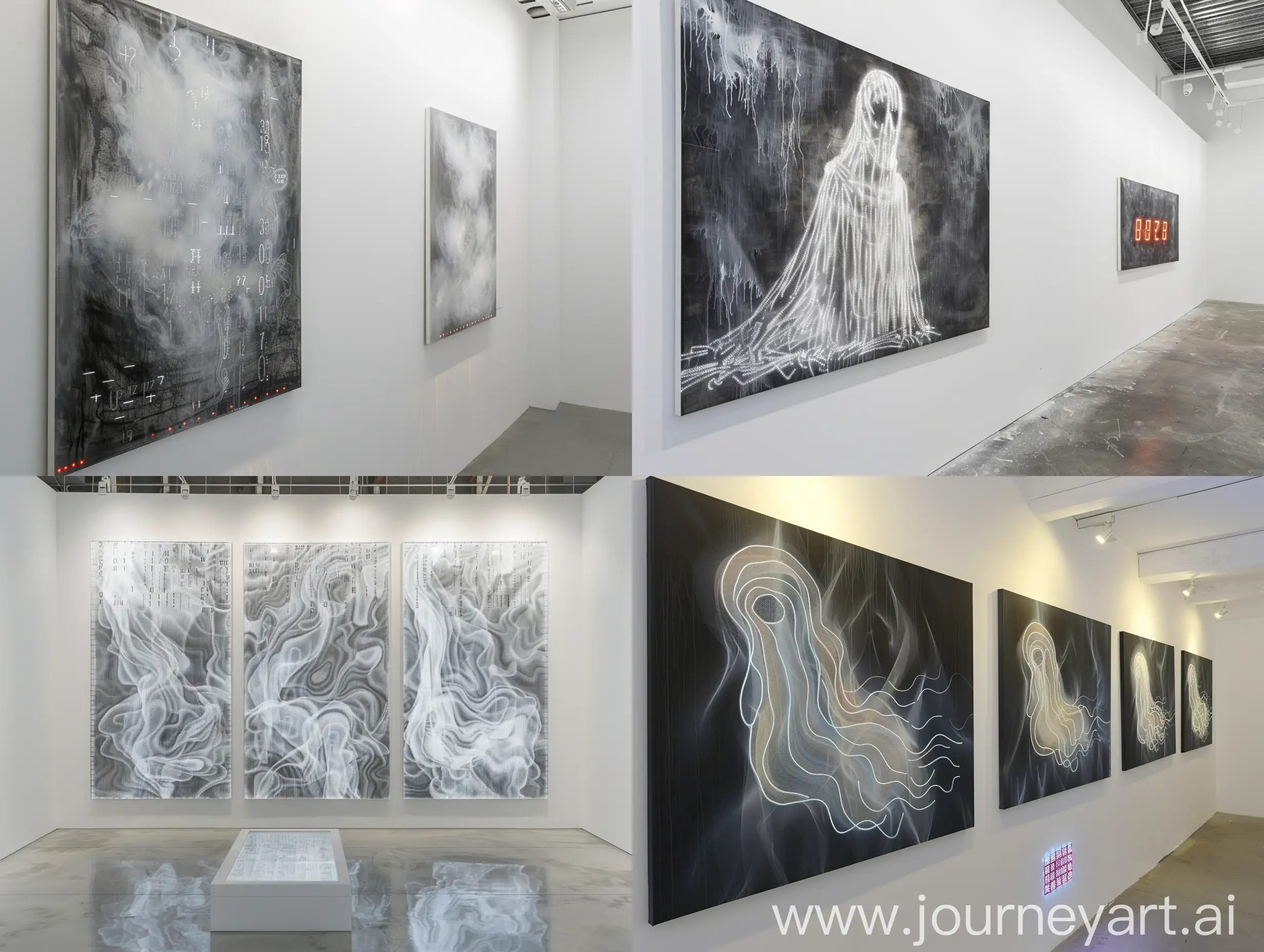 generative line art paintings based on ghostly energy and hauntings with a number display generating random numbers in a contemporary art gallery white walls design architect product
