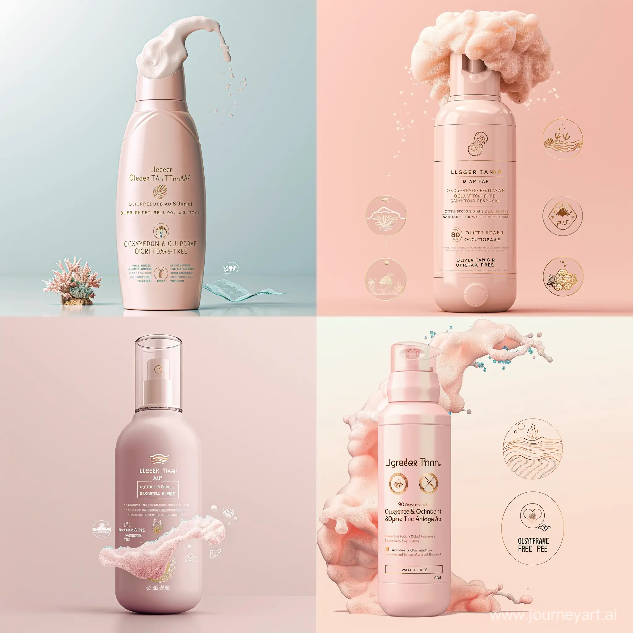 imagine a sleek, baby pink  bottle. The bottle should have a foam dispenser and look luxorious and synoblize pleasure. I dont wnat to see actual foam. The labels on the bottle should be "Lighter-Than-Air" , "Water-Resistant (80 minutes)", "Oxybenzone & Octinoxate free." They should be wrtitten in gold color. Additionally, include symbols representing the product being eco-friendly, cruelty-free, and vegan attributes. Also add a small image of a wave and a coral reef

