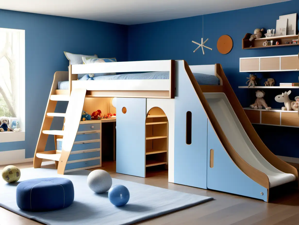 hochmodernes kinderzimmer mit rutsche und stauraum unter dem hochbett und integrierten schubladen, in zartem blau, weiß und hellem freundlichen braun 