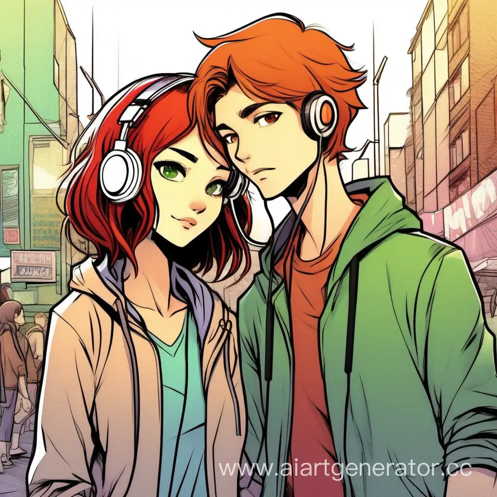 Adorable-Couple-Bright-Comic-Book-Cover-Featuring-Girl-with-Red-Wavy-Hair-and-Freckles-Standing-with-DarkHaired-Boy-in-Cute-Childlike-Style