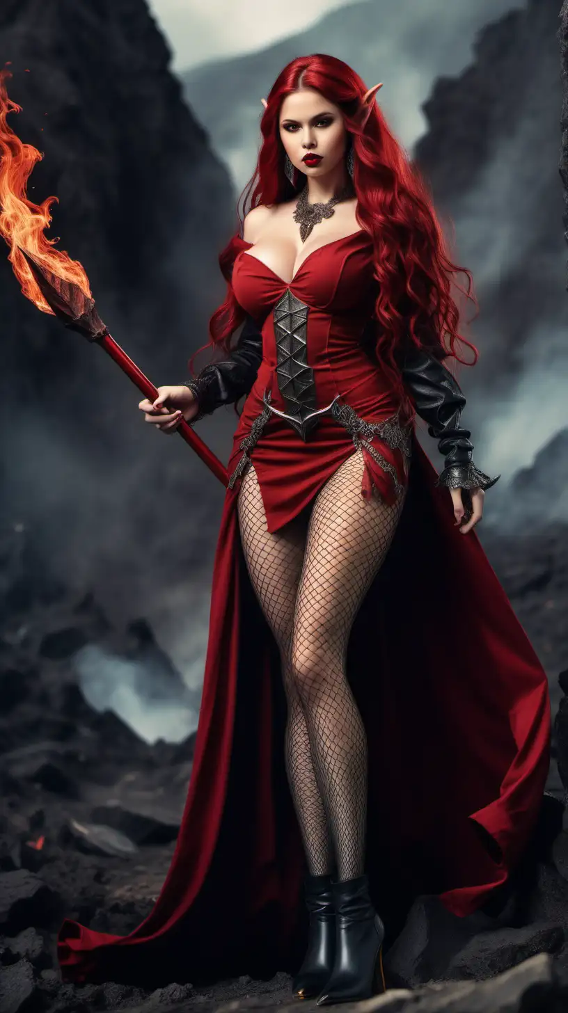 Seductive Elf Queen with Fiery Determination in Volcanic Fantasy Realm