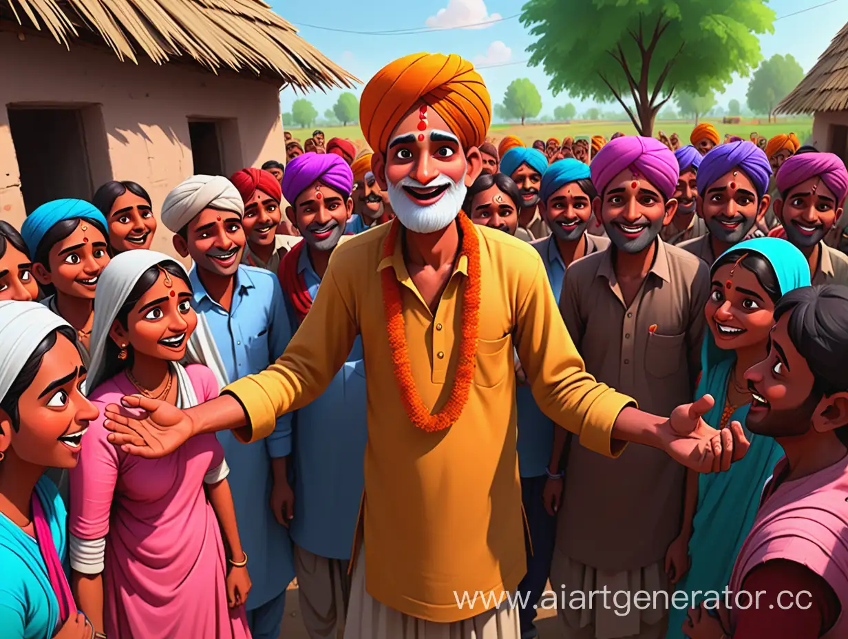 cartoon style, 8k, The next day, Chandni reaches the village. The villagers gave him a warm welcome and invited er to stay overnight.