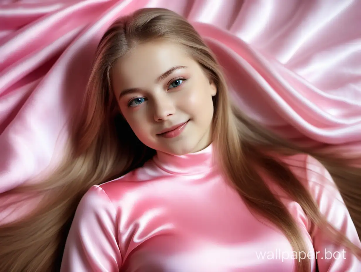 The gentle, sweet cutie Yulia Lipnitskaya with long, straight, silky hair lies on a tender, luxurious bright pink silk fabric and smiles beautifully