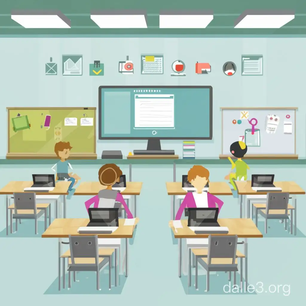 animated image of a classroom with lots of digital devices and technlogy