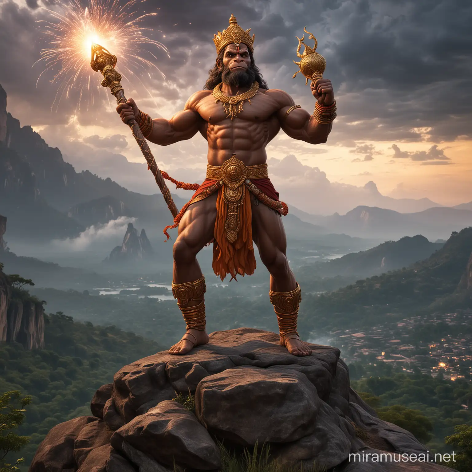 God Hanuman very muscular, tall, godly face, holding a long handle huge Golden mace bomb in right hand pointing to the sky, wearing crown, standing on a hill top, one leg stepping on a big rock, battle field in the background, detailed and intricate environment, dynamic pose, muscles defined with chiseled aesthetics, traditional attire draped elegantly, vivid, ultra realistic.
Hanuman's face is depicted glowing with a divine radiance, symbolizing his divine nature and spiritual power. His aura signifies his purity, courage, and divine protection.
Hanuman is shown wearing a crown or headgear adorned with jewels, symbolizing his royal lineage and divine status as a deity.
Hanuman's face embodies a combination of strength, wisdom, devotion, and compassion.

Thunders roar and lightning dances in the sky, painting it with wild, vibrant colors. Each bolt of electricity illuminates the darkness, revealing the intricate patterns of clouds swirling like celestial brushstrokes. The rumble of thunder echoes through the air, shaking the earth beneath with its power. Nature's own fireworks display, a spectacle both awe-inspiring and humbling, as if the sky itself has come alive with energy and passion.
