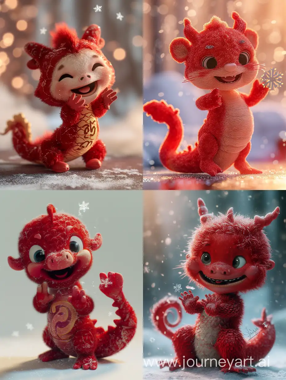 Chinese Zodiac, Chinese dragon, "2024",Lovely Chinese Dragon Baby, doing the congratulatory gesture, Red, happy smile,Congratulations, Disney style, half side composition,full body, plush material, Snowflake, happy expression,solid colour background, soft light,strong light, rich detail, Unreal Engine, surrealism