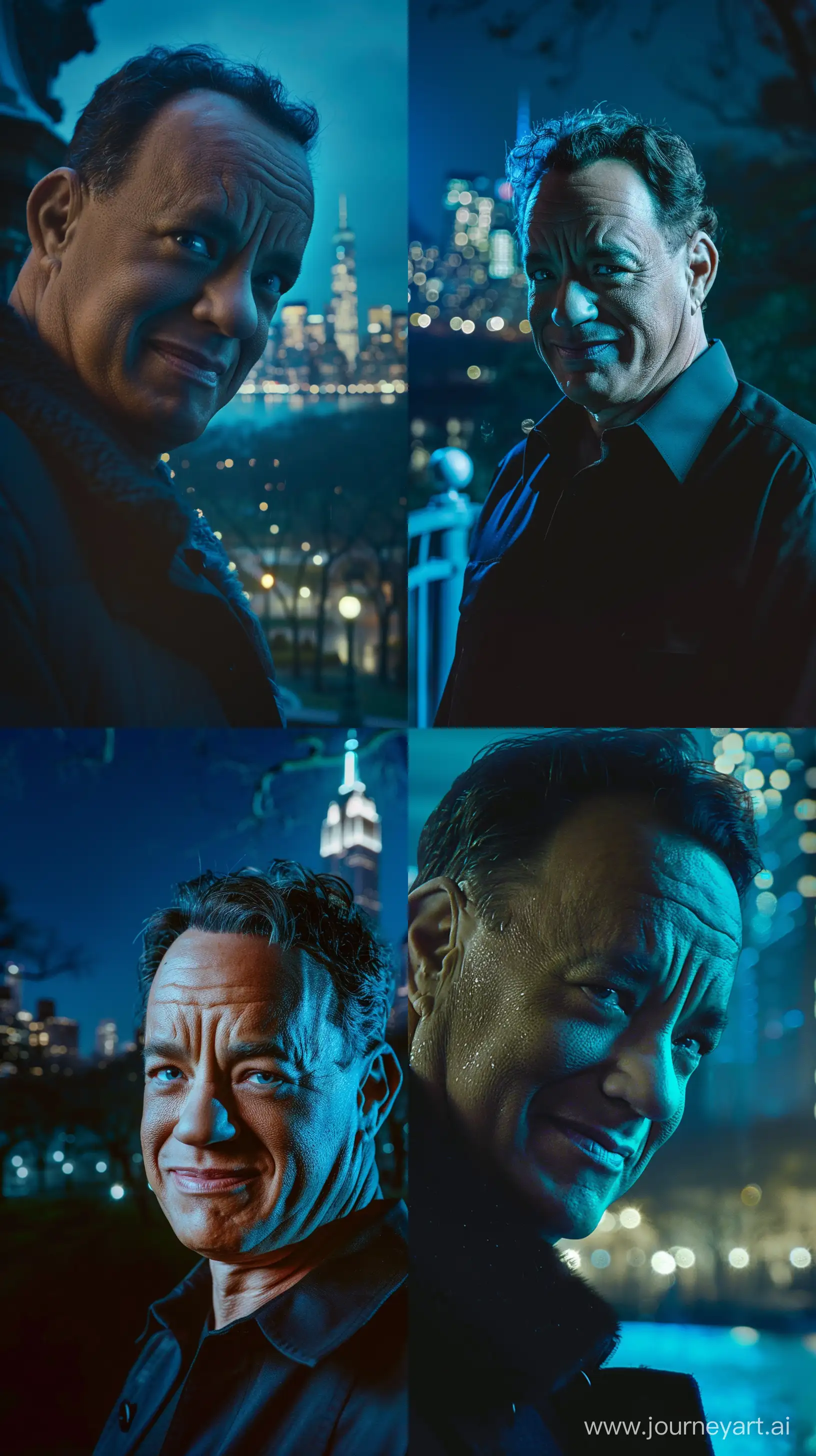 Tom Hanks Looking to Camera with Mysterious Smile, Central Park in Background, Night, Blue Effect, Cinematic Photography, Closeup, High Precision --v 6.0 --ar 9:16 --style raw --v 6 --ar 1:1 --no 64264