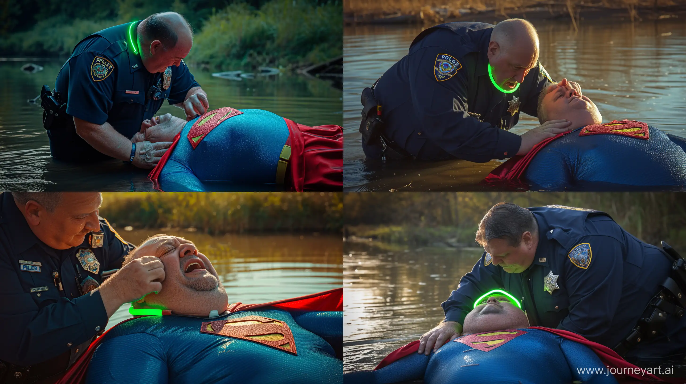 Elderly-Superhero-Receives-Glowing-Neon-Dog-Collar-in-River-Photoshoot