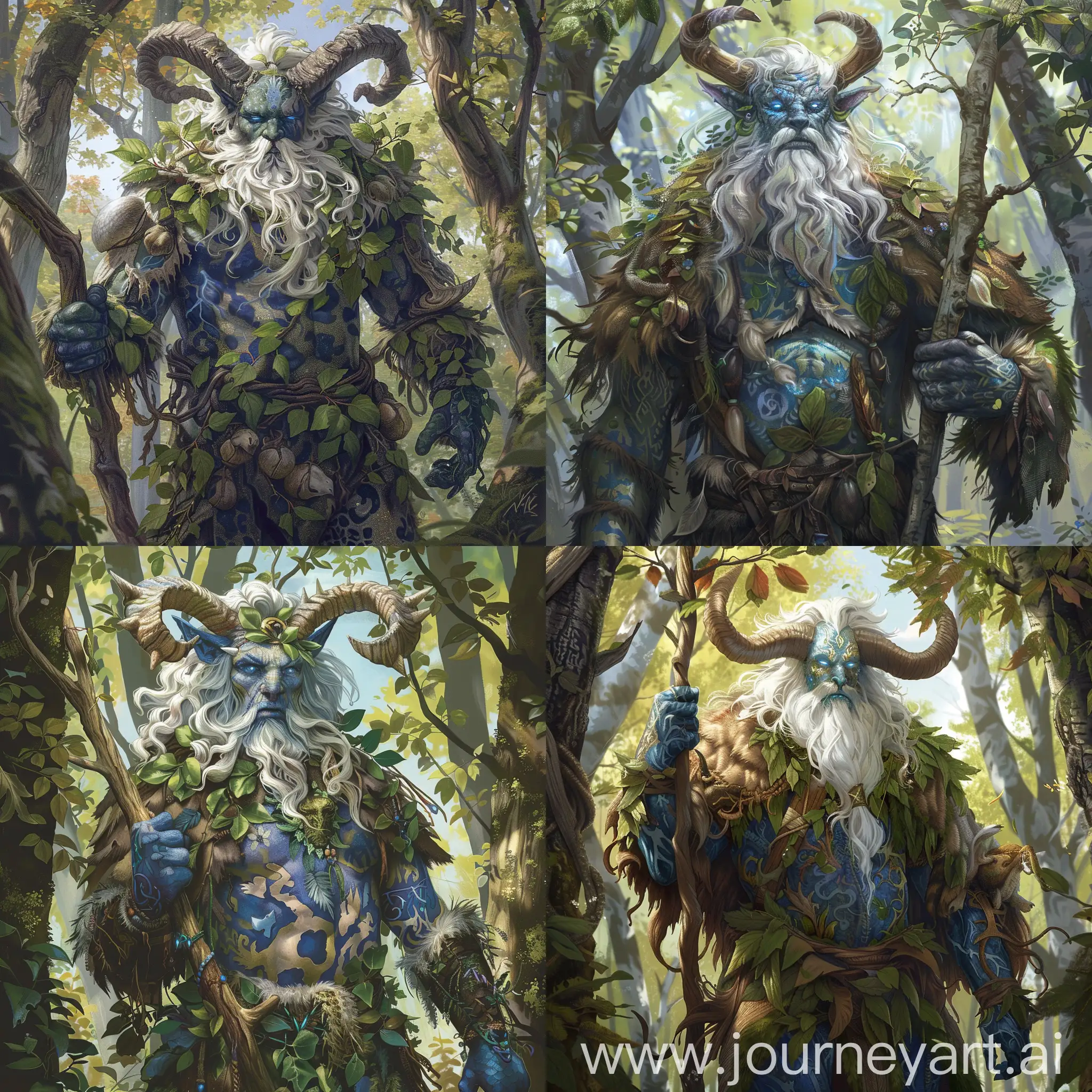 A captivating NPC portrait : Amidst the heart of the forest, a towering figure emerges from between the trees. The Firbolg Wanderer, a peaceful colossus, stands over seven feet tall. His thick, blueish skin is adorned with patterns resembling flora, reflecting the surrounding nature. Long white hair curls around his majestic horns, while piercing blue eyes observe the world with benevolent wisdom. Clad in animal skins and leaves, he carries a gnarled wooden staff, symbolizing his deep connection to nature. An aura of serenity emanates from this gentle giant, a benevolent guardian of the woods ready to defend his territory and his friends.