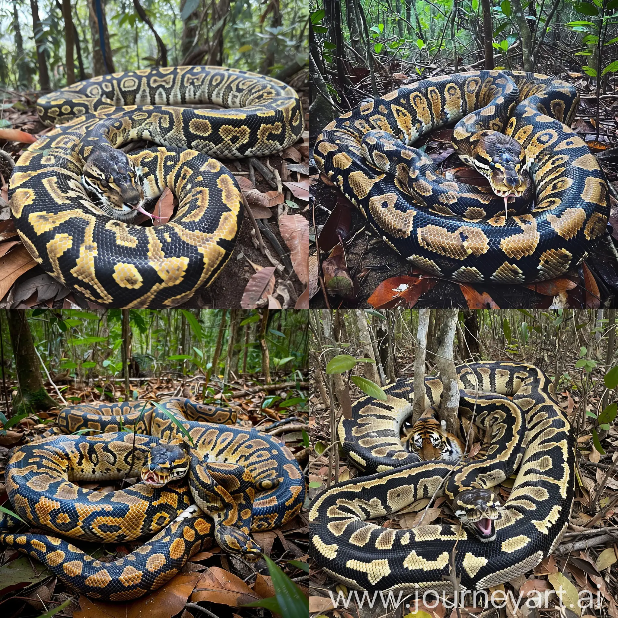 big 50 ft Burmese python in the forest is eating  tiger.