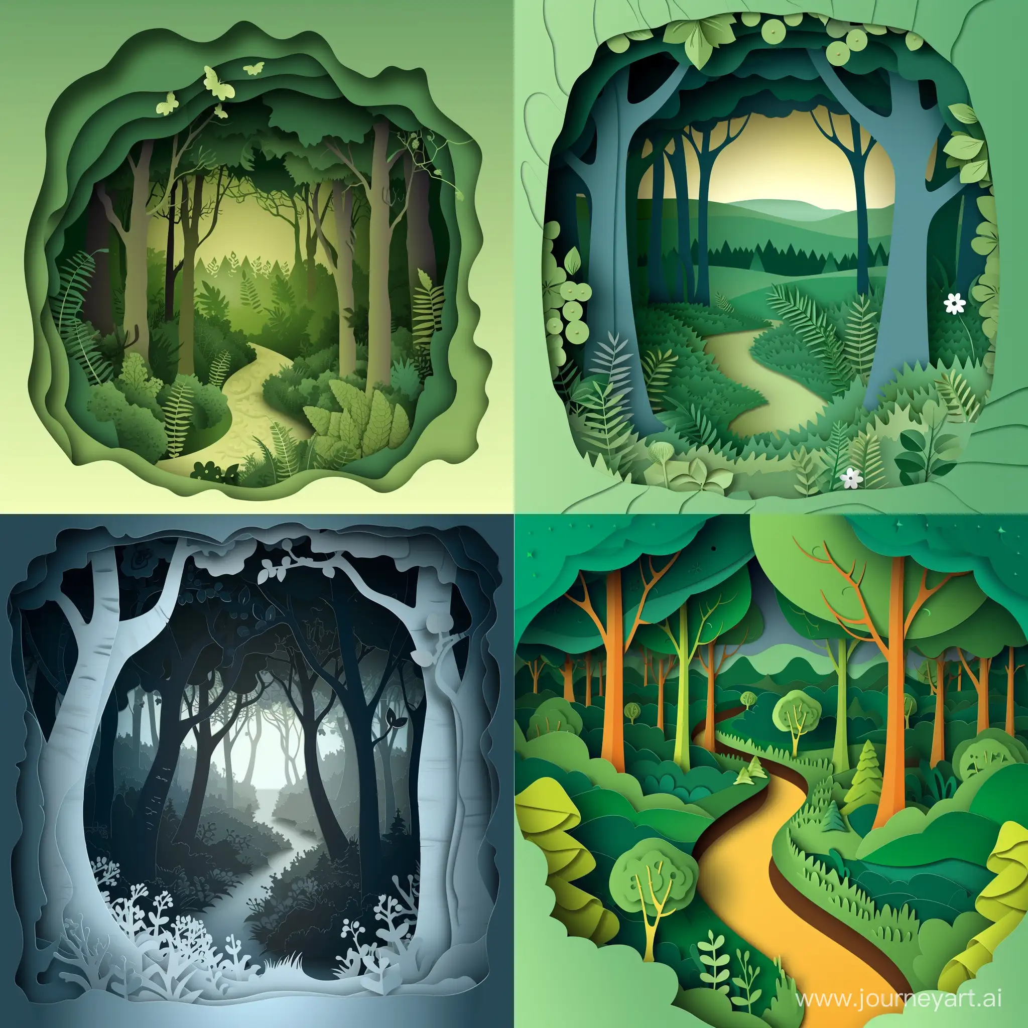 cut paper art of forest woodland fantasy landscape, in high quality vector style