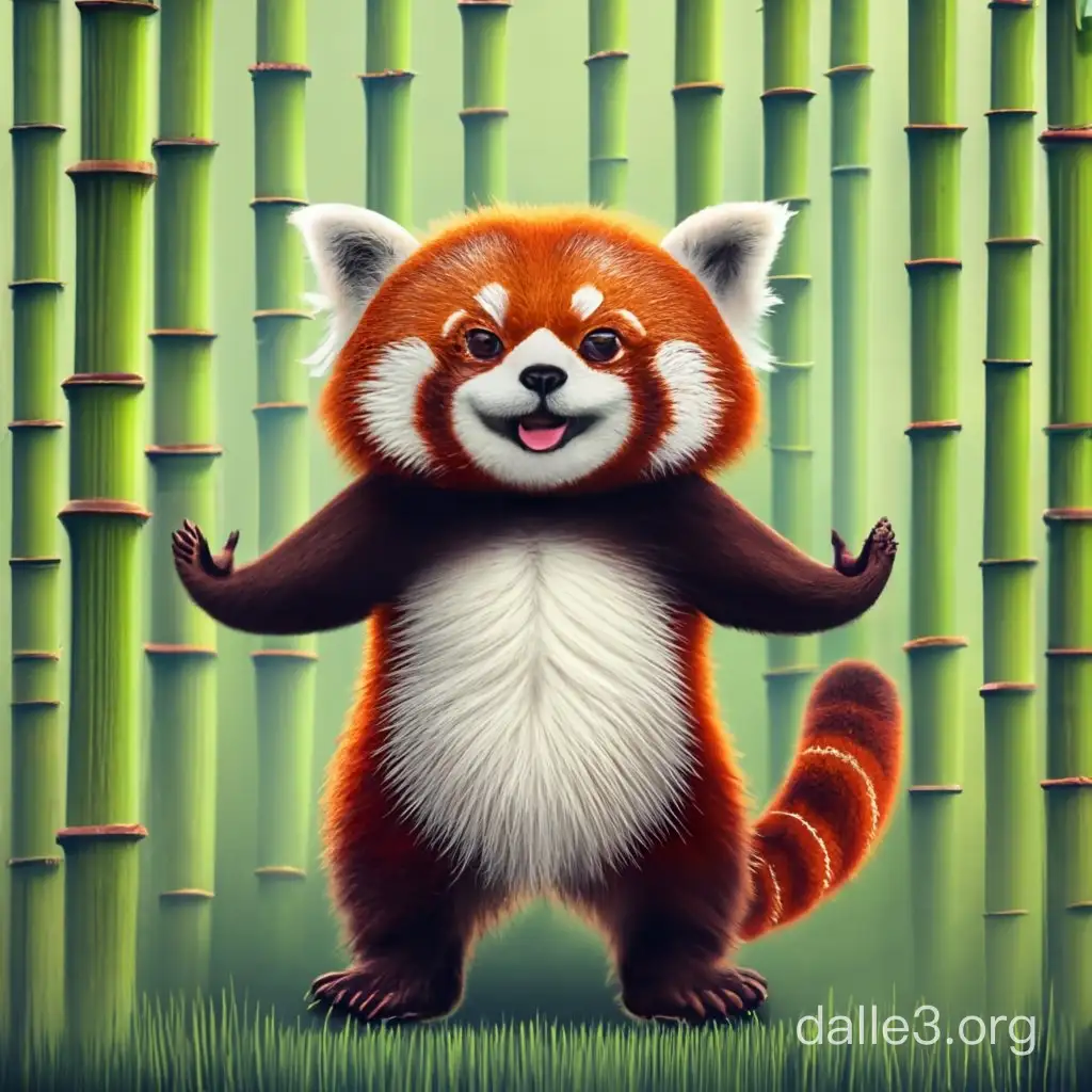 Cuteness overload of a red panda in open arms stance, digital art, green bamboo tile as background 