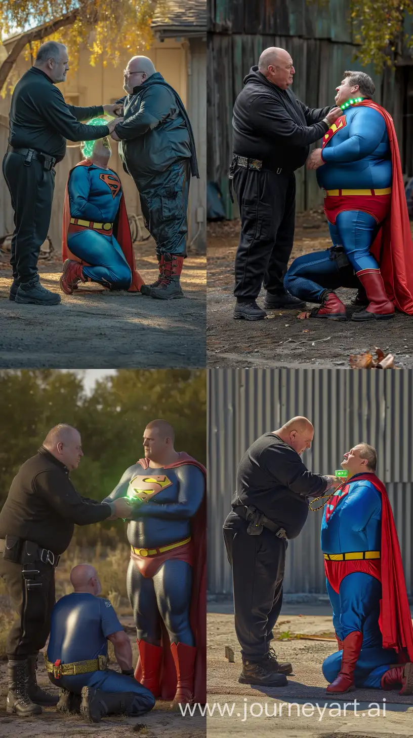 There are only two men in this scene. The first man is and tightening a small glowing shiny green short collar on the neck of the second man. The second man is kneeling in front of the first man. The first man is a chubby aged 70 wearing a silky black tracksuit black tactical belt and black hiking boots. The second man is a chubby aged 70 wearing a silky blue superman costume with a large red cape, red boots, blue shirt, blue pants, yellow belt and red trunks. Outside. --style raw --ar 9:16 --v 6