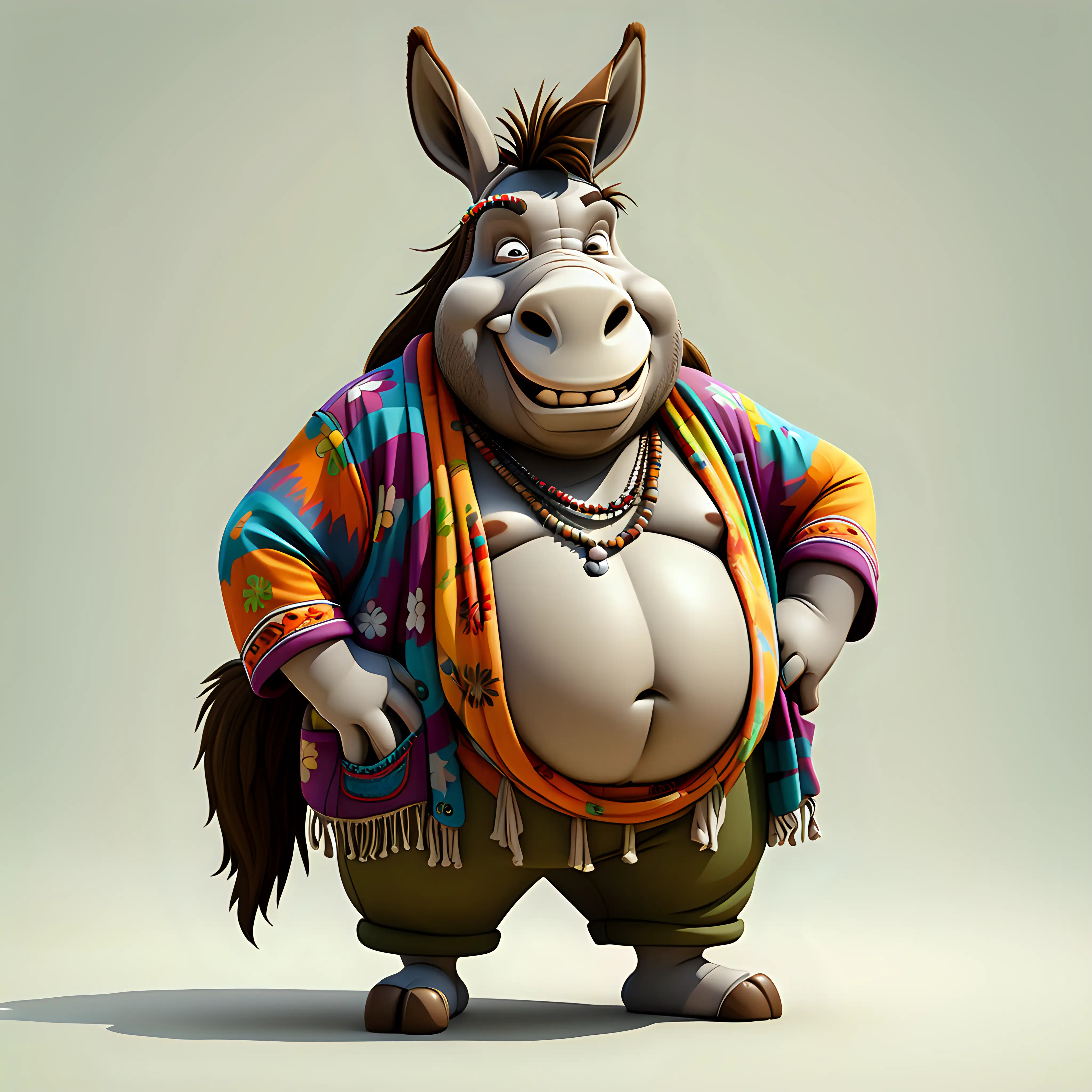 fat Donkey in cartoon style with hippie clothes in full body with clear background