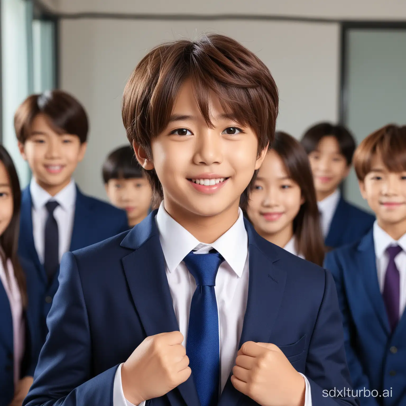 7 YEARS OLD BOY WITH BTS JIN face, BEAUTIFUL HAIR STYLE WITH BLUE SUIT AND TIE, center of frame, smile, smart, ,, he standing  talk to a female teacher,  whole head, they both sides shoulders, suit are in the frame