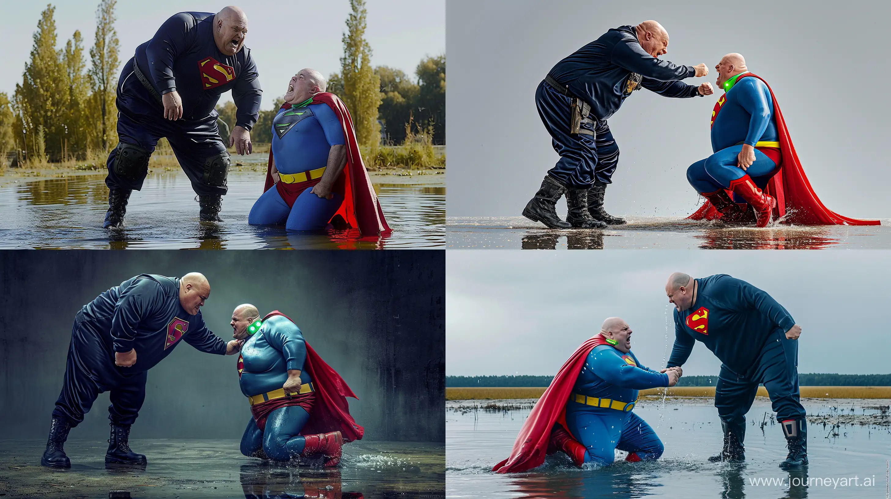 Photo of a serious tall chubby man aged 70 wearing a silky navy tracksuit and black tactical boots, bending over and pushing another angry chubby big man aged 70 kneeling in water who is wearing a silky blue superman costume with a large red cape, red boots, blue shirt, blue pants, yellow belt, red trunks, small glowing green collar around his neck. Outside. Bald. Clean Shaven. --style raw --ar 16:9 --v 6