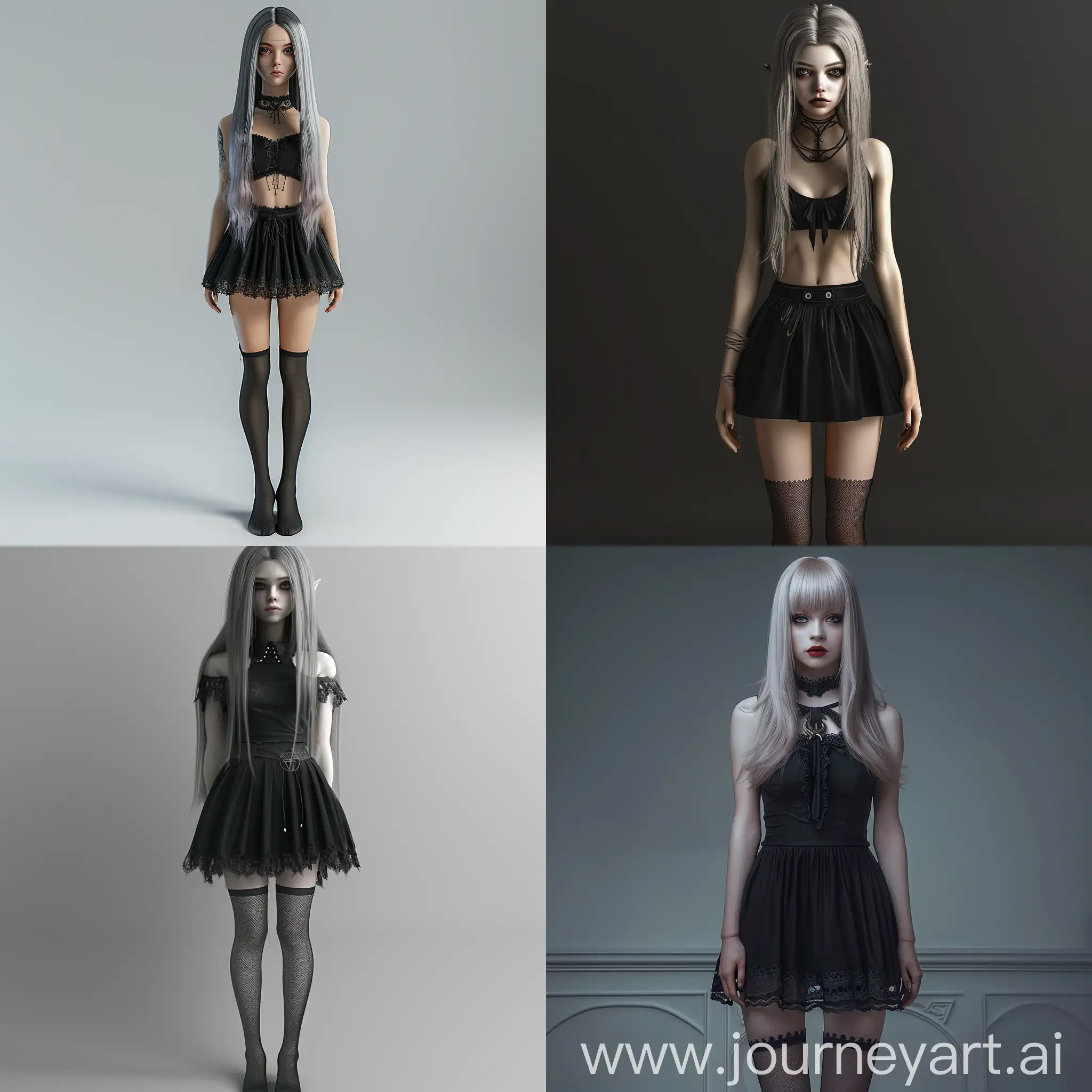 photorealistic goth girl with straight hair, black skirt and stockings