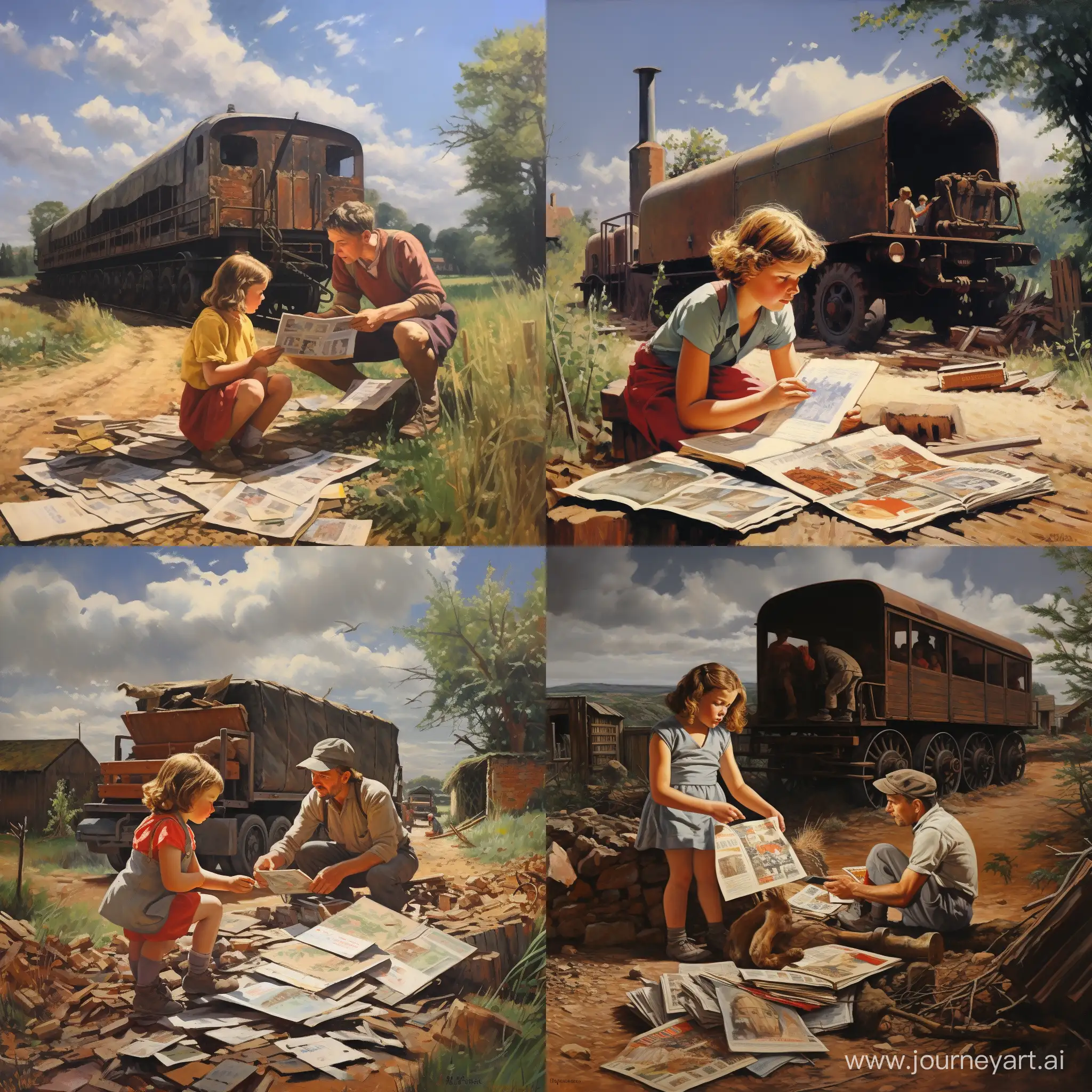 A World War II era lorry delivering large corrugated iron sheets and a pile of nuts and bolts for an Anderson Shelter. A child looks on with curiosity, holding an instruction booklet