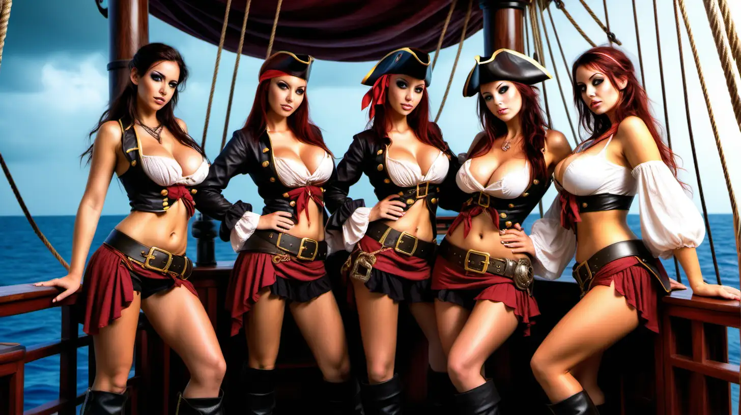 on board a pirate ship with beautiful pirate girls, one girl is kneeling down with her arms tied, she is a traitor, and the other pirate girls are cross-examining her, they are all tanned buxom skimpy pirate girls, realistic and detailed photo,