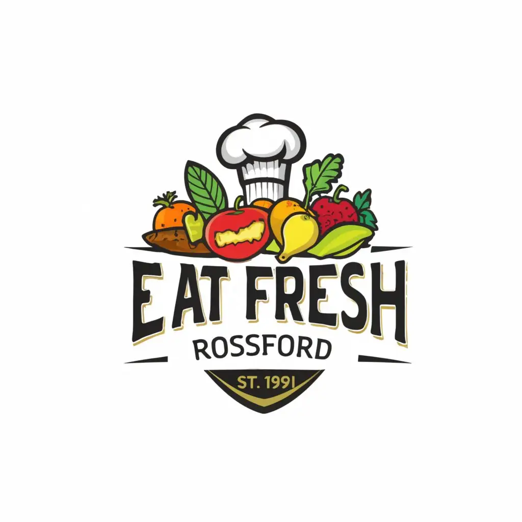 a logo design,with the text "Eat Fresh
in Rossford", main symbol:fresh produce
chef hat
badge
,complex,be used in Events industry,clear background