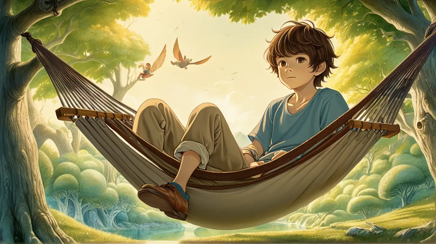 a boy with brown hair, beauiful illustration of fantasy, wonderland, hobbit, lying in a hammock, wide angle, soothing, dark, dreaming, music, amazing detailed game poster, Hayao Miyazaki --ar3:2 --niji 5