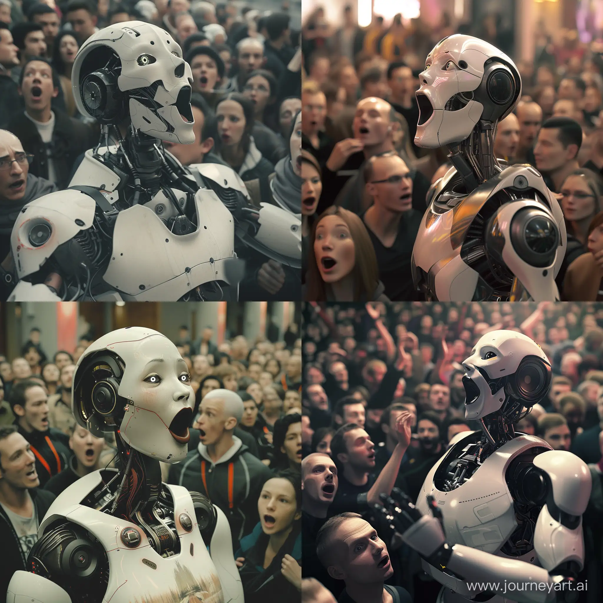 Сладкоголосый робот-обманщик рассказывает красивые лживые истории толпе людей, а люди слушают эти истории зачарованно, с удивлёнными глазами и раскрытыми ртами, фотография, сверхтехнологичное будущее, высокое разрешение