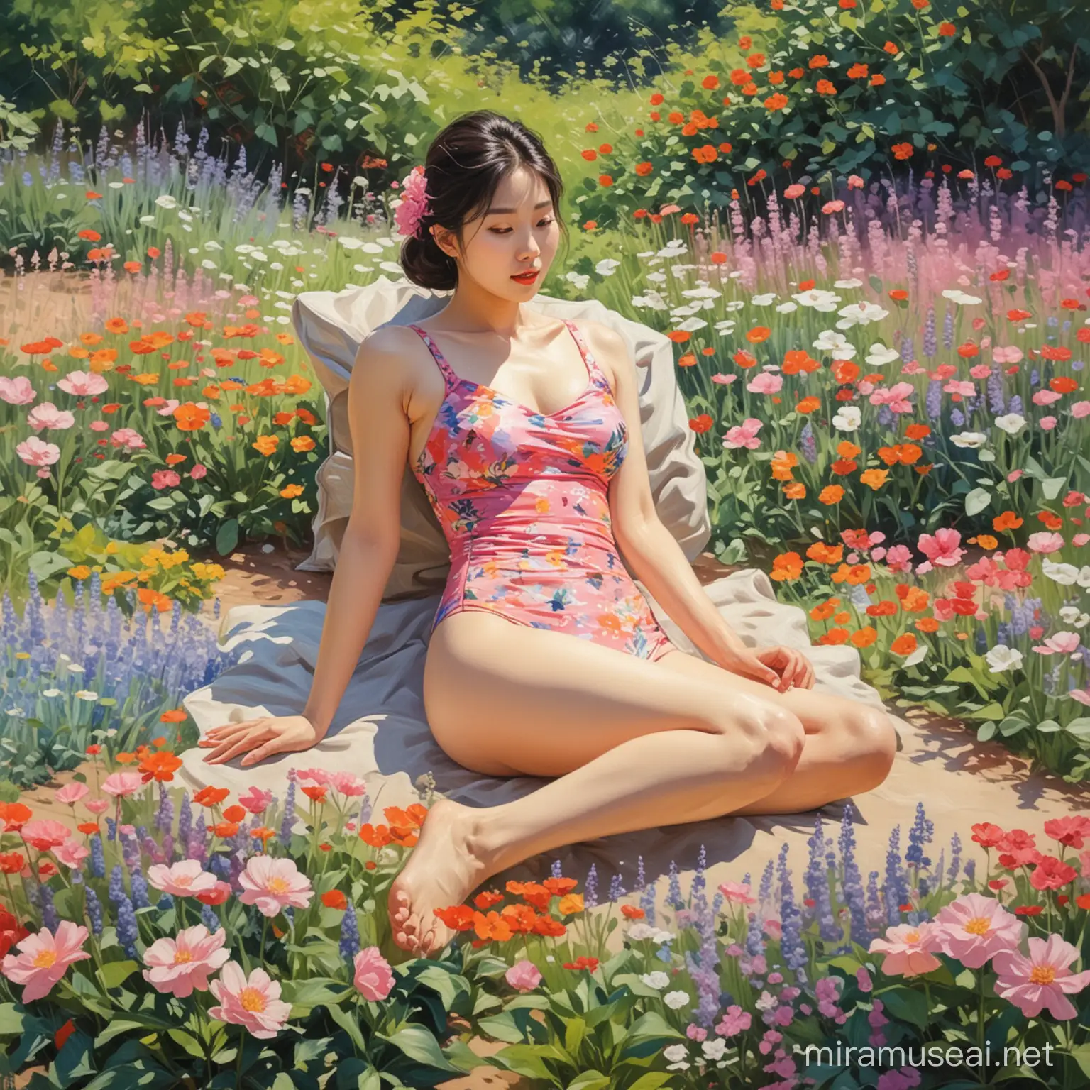Peinture impressionniste femme coréenne allongée en maillot de bain, dans un magnifique jardin en fleur.