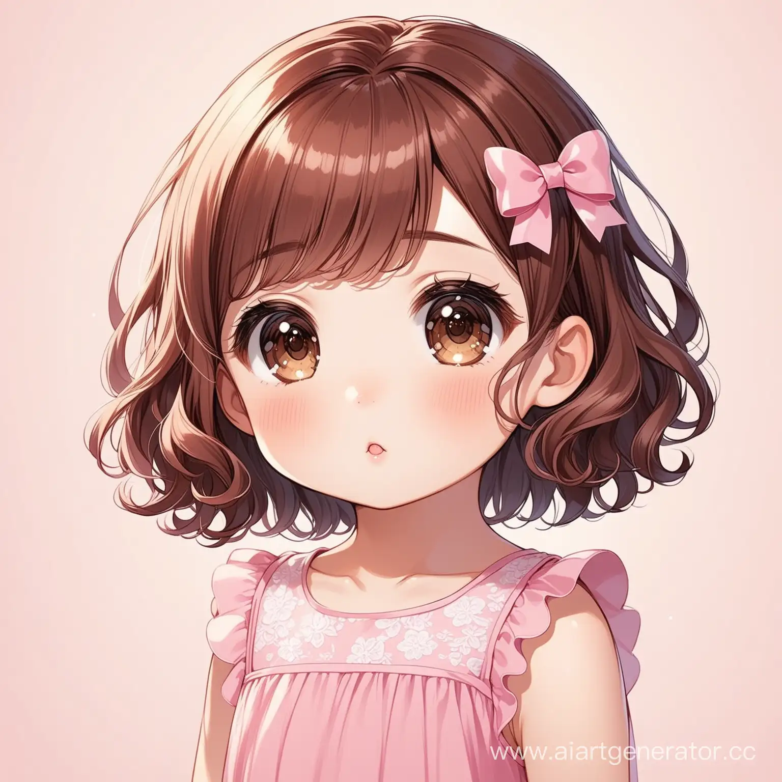 little girl, brown eyes, short brown curly hair, pink hair clip, cute pink dress