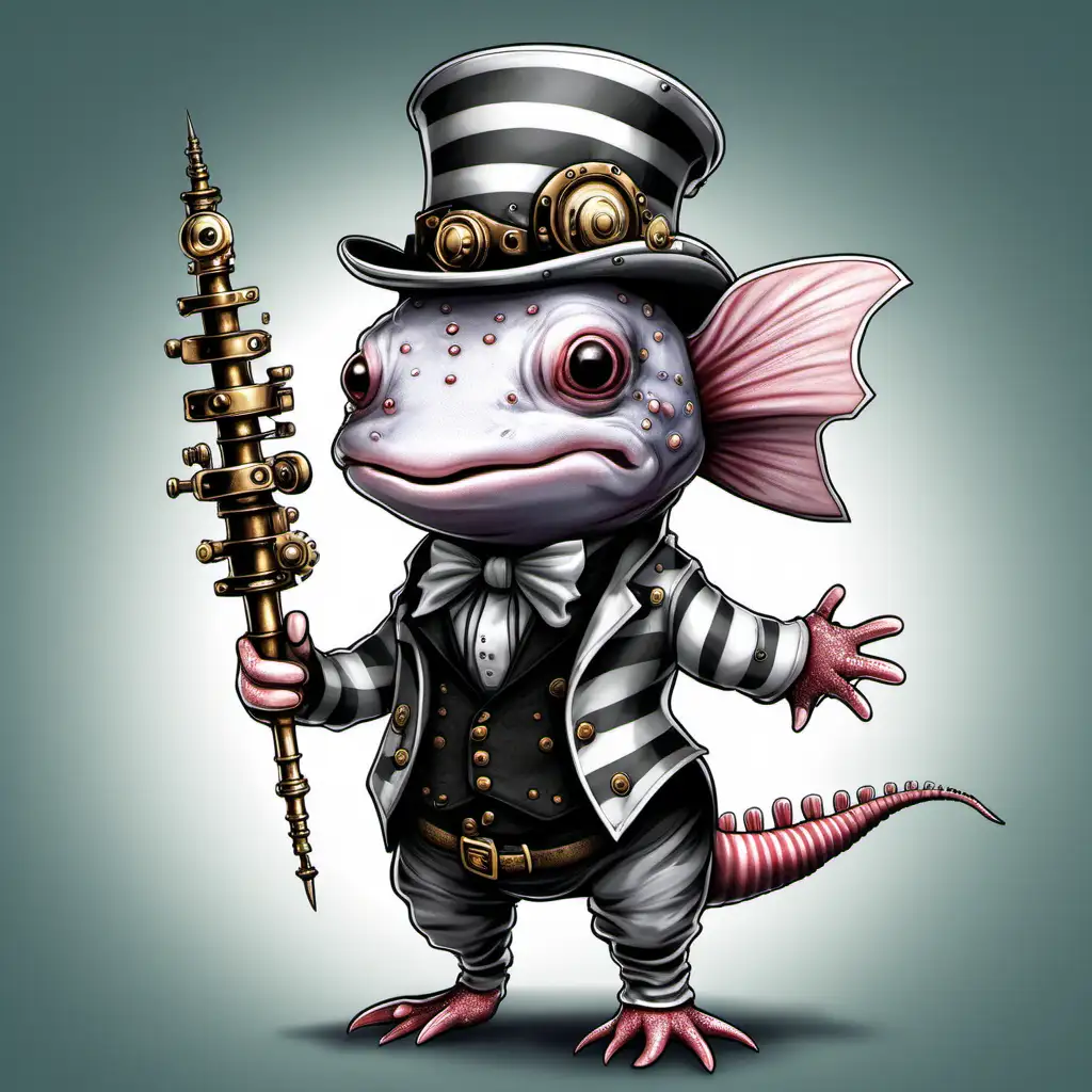 a standing axolotl for a board game, steam punk theme, grey, stribed skin